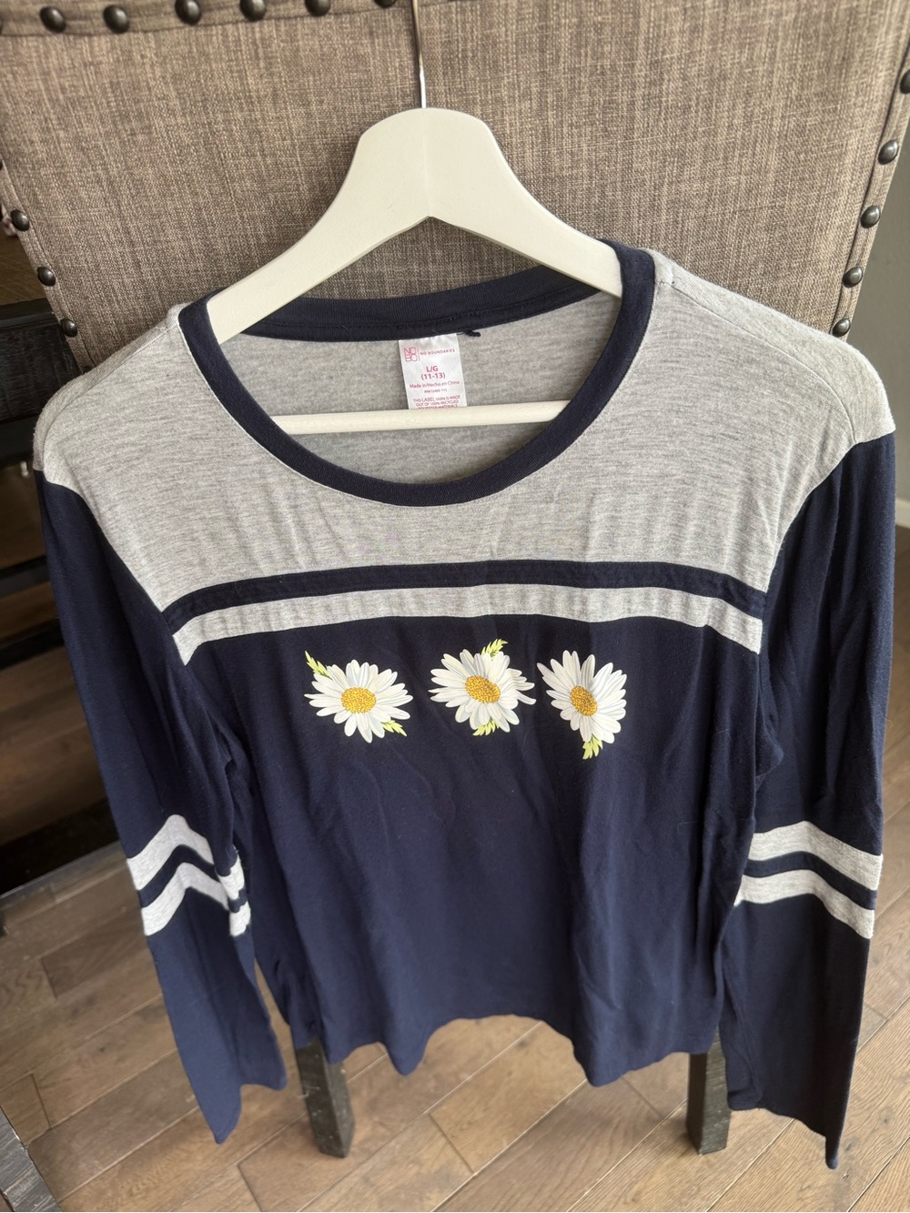 Junior Ladies No Boundaries Navy and Light Gray Daisy Stripe Top